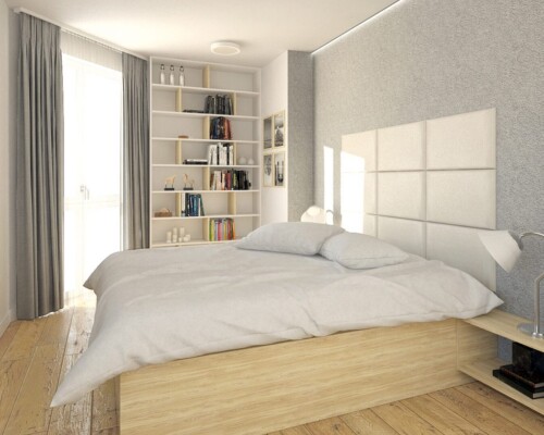 Nowoczesna sypialnia z funkcjonalną zabudową i stonowaną kolorystyką – aranżacja wnętrza Noomo Jasna sypialnia z dużym łóżkiem, regałem na książki i miękkim zagłówkiem – projekt wnętrza