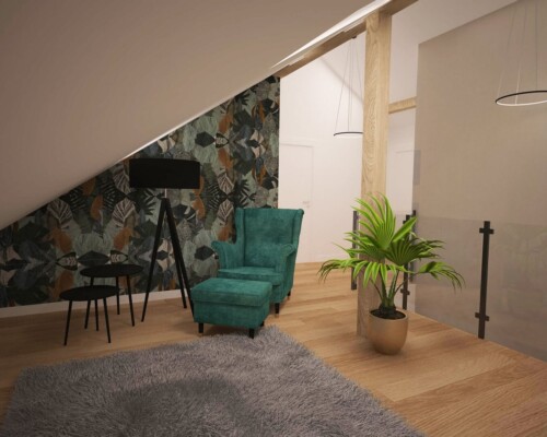 Praca w sercu dżungli – egzotyczna tapeta jako sposób na kreatywną przestrzeń do pracy. Biuro na poddaszu z turkusowym fotelem i ścianą akcentową z tapetą w egzotyczny, roślinny wzór.