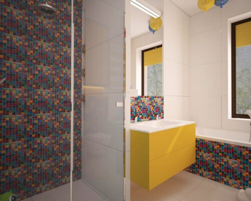 Intymna strefa relaksu – prysznic wykończony eleganckimi, ciemnymi płytkami o ciekawej fakturze. Nowoczesna kabina prysznicowa z deszczownicą i ścianami wyłożonymi ciemnymi, fakturowanymi płytkami.