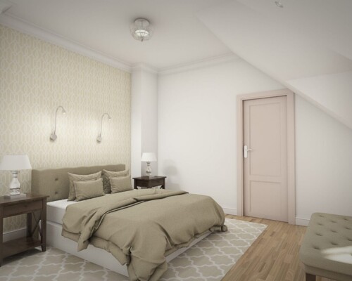 Oaza spokoju – sypialnia urządzona w duchu minimalizmu, sprzyjająca wyciszeniu. Minimalistyczna sypialnia z dużym łóżkiem z beżową narzutą i prostą, białą ścianą.