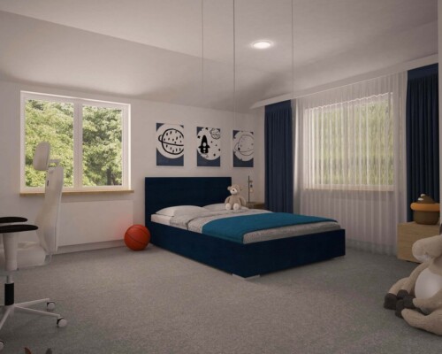 Głębia granatu i energia pomarańczy – sypialnia, w której kontrasty tworzą harmonijną całość. Nowoczesna sypialnia z granatową ścianą akcentową za łóżkiem, ozdobioną galerią zdjęć i pomarańczowymi poduszkami.