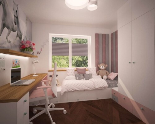 Spokojny sen i poranek z widokiem – przytulna sypialnia otwarta na naturę. Jasna sypialnia z dużym łóżkiem, drewnianą podłogą i oknem z zasłonami, przez które widać zieleń.