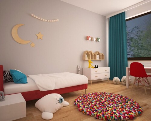 Kolor i komfort – przytulny kącik do spania z energetycznym połączeniem barw. Łóżko w sypialni na tle niebieskiej ściany, z biało-czerwoną pościelą i puszystym dywanem.
