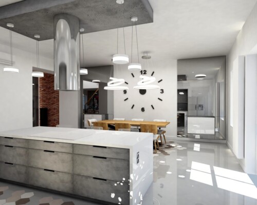 Czas na wspólny posiłek – jadalnia, w której główną rolę gra designerski zegar. Jadalnia w stylu nowoczesnym z dużym, białym stołem i designerskim zegarem ściennym jako główną dekoracją.