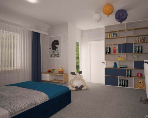 Drzwi do świata wyobraźni – niebieski akcent jako zapowiedź kreatywnej przestrzeni w pokoju dziecka. Wejście do pokoju dziecięcego z drzwiami pomalowanymi na niebiesko i widokiem na zabawki.