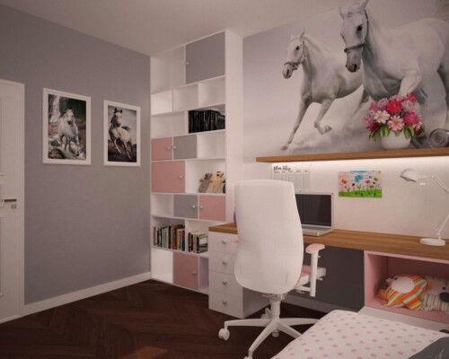 Kreatywność na ścianie – jak wyrazista tapeta może zainspirować do pracy w domowym biurze. Domowe biuro z białym biurkiem i krzesłem na tle ściany z czarno-białą tapetą w artystyczne wzory.