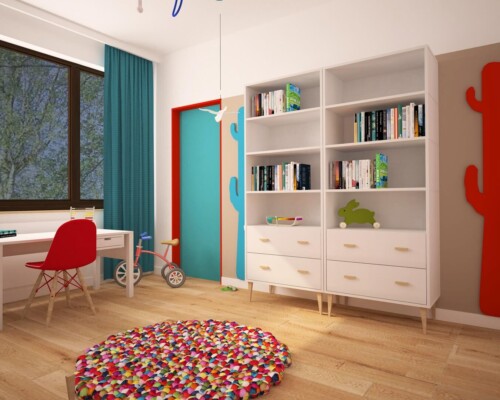 Odważny akcent koloru – jak turkusowe drzwi mogą zdefiniować charakter pokoju młodzieżowego. Pokój młodzieżowy z białymi półkami na książki, puszystym dywanem i drzwiami w kolorze turkusowym.