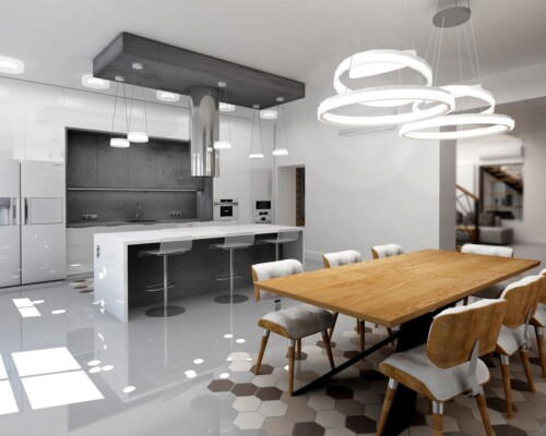 Otwarty plan, spójny design – panorama strefy dziennej, gdzie kuchnia łączy się z jadalnią. Szerokie ujęcie otwartej przestrzeni dziennej z białą kuchnią, wyspą i stołem jadalnianym w tle.