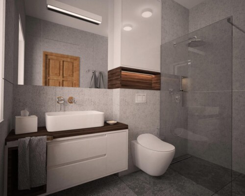 Ciepło drewna w nowoczesnej łazience – wisząca szafka jako element stylu i funkcjonalności. Jasna łazienka z wiszącą szafką z drewna i białą, nablatową umywalką.