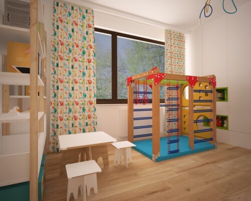 Kreatywność i zabawa – kącik czytelniczy w pokoju dziecka z oryginalnym regałem na książki. Kącik zabaw w pokoju dziecięcym z regałem w kształcie drzewa i puszystym, niebieskim dywanem.