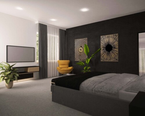 Sztuka we wnętrzu – designerska dekoracja jako wyrazisty element w minimalistycznej, ciemnej sypialni. Ujęcie na łóżko w sypialni z czarnymi ścianami i dużą, białą ozdobą ścienną nad wezgłowiem.