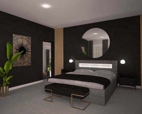 Siła kontrastu w sypialni – czarna ściana i biała dekoracja jako odważny duet. Nowoczesna sypialnia z czarną ścianą akcentową, na której wisi abstrakcyjna, biała dekoracja.