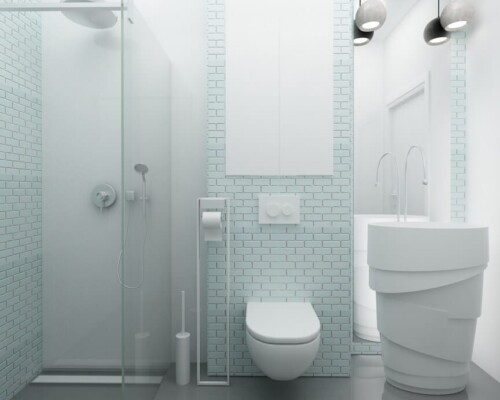 Czystość formy i funkcjonalność w małej łazience – projekt z prysznicem walk-in i heksagonalną Nowoczesna, jasna łazienka z prysznicem typu walk-in i podwieszaną toaletą.