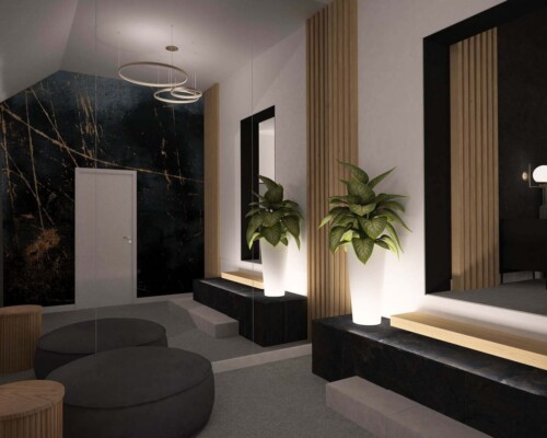 Tajemnicze i stylowe wejście – gra cieni i nastrojowe oświetlenie w nowoczesnym przedpokoju. Klimatyczny, ciemny przedpokój z czarnymi drzwiami, dużą rośliną doniczkową i drewnianą podłogą.