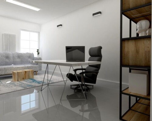 Minimalizm i ergonomia – klucz do stworzenia efektywnej przestrzeni do pracy w domowym biurze. Funkcjonalne stanowisko pracy w minimalistycznym biurze z białym biurkiem i czarnym fotelem biurowym.