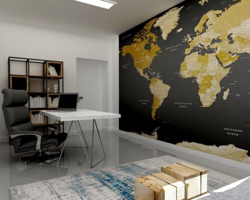 Inspiracja na aranżację gabinetu, w którym globalne aspiracje spotykają się z nowoczesnym designem. Nowoczesne domowe biuro z czarną ścianą akcentową, na której znajduje się złota mapa świata.