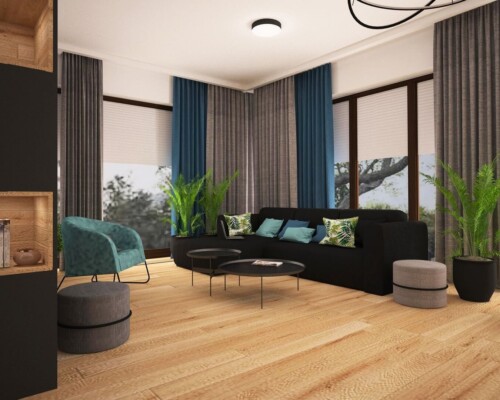 Głębia koloru w salonie – granatowa ściana jako eleganckie tło dla strefy wypoczynku. Nowoczesny salon z drewnianą podłogą, dużą kanapą i ścianą akcentową w kolorze granatowym.