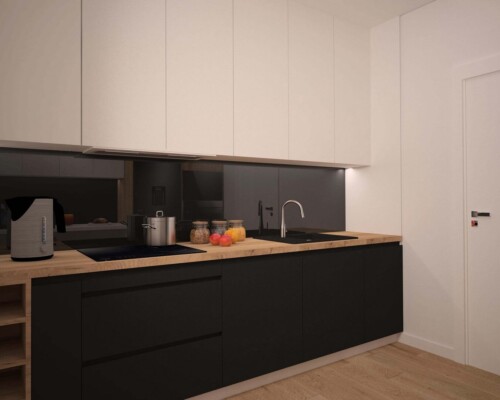 Minimalizm w detalach – stylowa komoda jako funkcjonalna dekoracja nowoczesnego wnętrza. Nowoczesna, czarna komoda lub konsola z drewnianymi akcentami i minimalistycznymi dekoracjami.