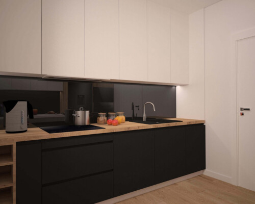 Minimalizm w detalach – stylowa komoda jako funkcjonalna dekoracja nowoczesnego wnętrza. Nowoczesna, czarna komoda lub konsola z drewnianymi akcentami i minimalistycznymi dekoracjami.
