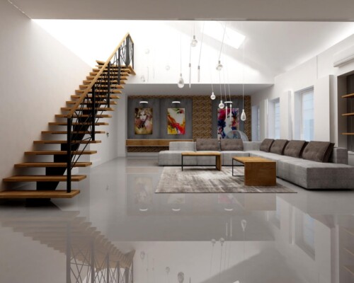 Otwarta przestrzeń i lekkość konstrukcji – schody jako rzeźbiarski element nowoczesnego salonu. Przestronny salon z szarą kanapą i nowoczesnymi schodami z drewnianymi stopniami i szklaną balustradą.