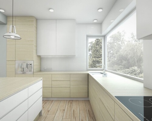 Minimalistyczna kuchnia z panoramicznym oknem i drewnianą zabudową Nowoczesna zabudowa kuchenna z dużym oknem i drewnianym blatem