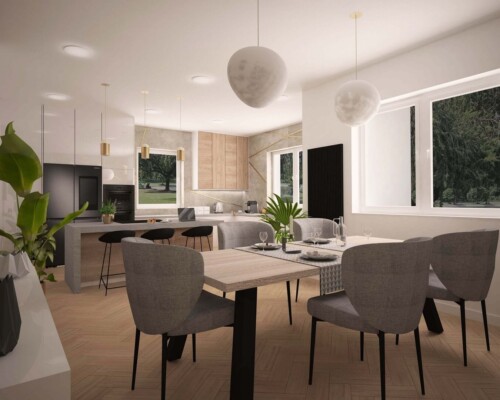 Spotkania przy okrągłym stole – jadalnia, która sprzyja rozmowom i integracji. Nowoczesna jadalnia z okrągłym, białym stołem, szarymi krzesłami i designerską lampą wiszącą.