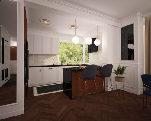 Relaks i praca w jednym – jak mądrze wydzielić kącik do pracy w przestrzeni salonu. Wielofunkcyjny salon z granatową sofą i wydzielonym miejscem do pracy z biurkiem i krzesłem.