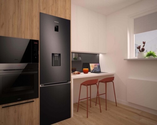 Kącik piękna – minimalistyczna i kobieca toaletka, która jest ozdobą sypialni. Nowoczesna toaletka z czarnym, minimalistycznym biurkiem i pudrowo-różowym, welurowym pufem.