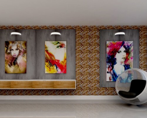 Sztuka wita od progu – przedpokój, w którym główną rolę gra odważna, kolorowa dekoracja ścienna. Nowoczesny przedpokój z drewnianą konsolą i dużą, abstrakcyjną, wielokolorową dekoracją na ścianie.