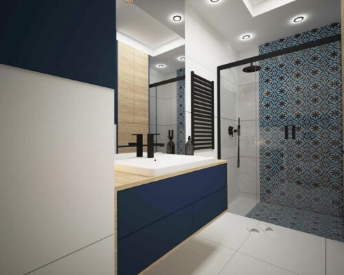 Funkcjonalna łazienka z charakterystycznymi kaflami i eleganckimi detalami Nowoczesna łazienka z niebieskimi akcentami i wzorzystą strefą prysznica