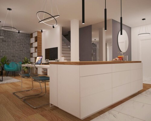 Serce kuchni – wyspa, która łączy funkcjonalność z nowoczesnym designem. Nowoczesna wyspa kuchenna z białym blatem, drewnianym frontem i czarnymi hokerami.