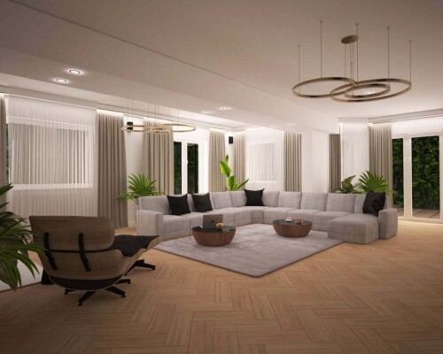 Przestrzeń bez granic – harmonia i spójność w otwartej strefie dziennej nowoczesnego domu. Szerokie ujęcie na otwarty, jasny salon z widokiem na jadalnię i korytarz.