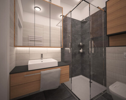 Projekt łazienki autorstwa Noomo – połączenie funkcjonalności, elegancji i minimalistycznego stylu Łazienka z kabiną prysznicową, lustrem i drewnianą zabudową – nowoczesna aranżacja wnętrza od Noomo