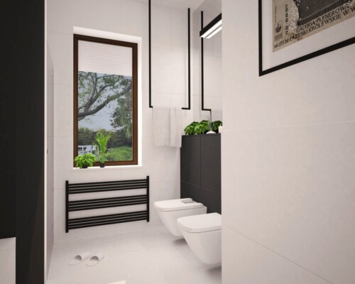 Loftowa elegancja od wejścia – przeszklone, czarne drzwi jako kluczowy element nowoczesnego przedpokoju. Nowoczesny przedpokój z czarnymi, przeszklonymi drzwiami w stylu loftowym i widokiem na schody.