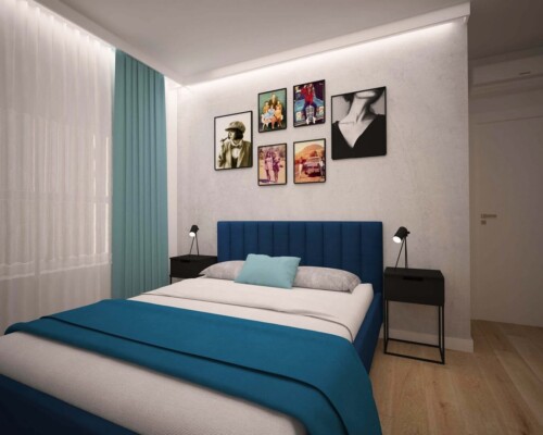 Ściana pełna wspomnień – domowa galeria zdjęć jako osobista i stylowa dekoracja sypialni. Ściana w sypialni zaaranżowana jako domowa galeria ze zbiorem czarno-białych zdjęć w ramkach.