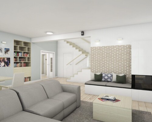 Salon z kominkiem i siedziskiem pod ścianą z cegły dekoracyjnej Nowoczesny salon z narożnikiem, kominkiem i jasną aranżacją