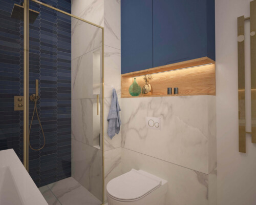 Nowoczesna strefa WC z eleganckim podświetleniem i granatową zabudową Toaleta z marmurową ścianą i szafką nad zabudową stelaża