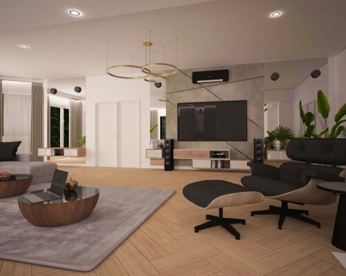 Ciepło i technologia w jednym – ściana RTV zintegrowana z nowoczesnym kominkiem. Nowoczesna ściana telewizyjna z białymi meblami, wbudowanym kominkiem i podświetlanymi półkami.