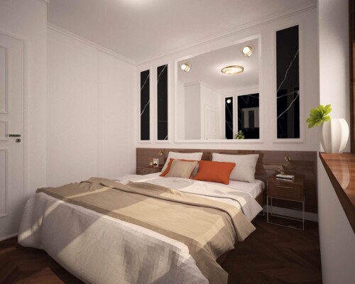 Energia koloru i osobiste akcenty – sypialnia, w której spokój łączy się z charakterem. Nowoczesna sypialnia z łóżkiem ozdobionym pomarańczową poduszką i galerią czarno-białych zdjęć nad wezgłowiem.