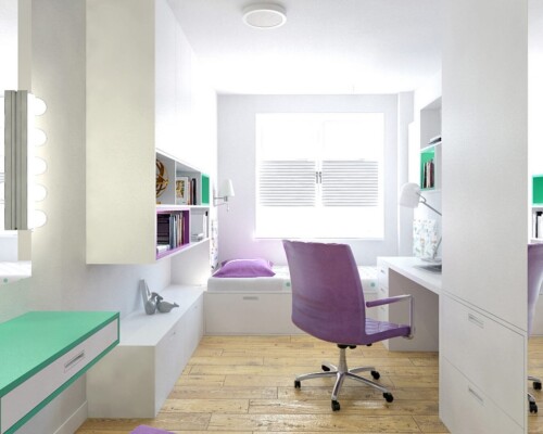 Funkcjonalny pokój dziecięcy z wydzielonymi strefami do nauki i odpoczynku – nowoczesna aranżacja Pokój dla rodzeństwa z podwójnym biurkiem, fioletowymi fotelami i zielonymi akcentami
