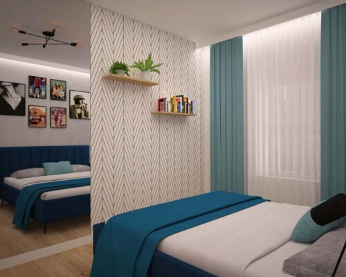 Kolorowy akcent w sypialni – turkusowy zagłówek jako ożywczy element spokojnej aranżacji. Nowoczesna sypialnia z łóżkiem z tapicerowanym, turkusowym zagłówkiem i białymi szafkami nocnymi.