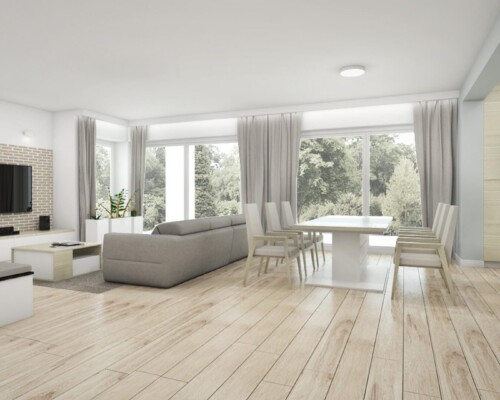 Przestronny salon z jadalnią i widokiem na zieleń Salon z dużymi oknami, jadalnią i przestrzenią otwartą na ogród