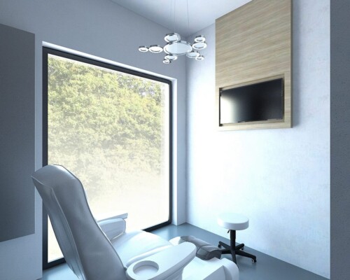 Gabinet zabiegowy z panoramicznym oknem – nowoczesne wnętrze dla klientów premium Fotel zabiegowy w jasnym pomieszczeniu z dużym oknem i nowoczesnym