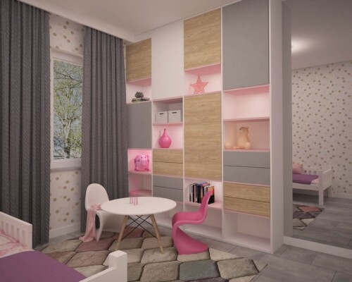 Przytulny i funkcjonalny pokój dla dziecka z miejscem do nauki i zabawy Nowoczesny pokój dziecięcy z różowymi akcentami i kreatywną zabudową