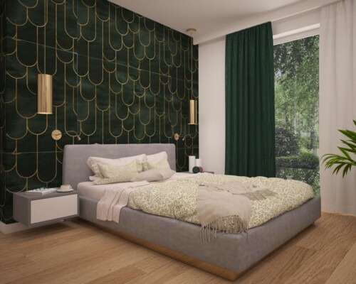 Miękkość i głębia koloru – tapicerowana ściana jako luksusowy i przytulny element nowoczesnej sypialni. Elegancka sypialnia z wysokim, tapicerowanym wezgłowiem w kolorze butelkowej zieleni, które pokrywa całą ścianę.