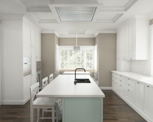 Serce domu w kolorze mięty – funkcjonalna i rodzinna kuchnia w świeżym, pastelowym wydaniu. Szerokie ujęcie na jasną kuchnię z miętowo-zielonymi szafkami i dużą, białą wyspą kuchenną.