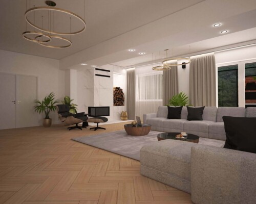 Centrum życia rodzinnego – przestronny salon z dużym narożnikiem, idealny do wspólnego wypoczynku. Duży, jasny salon z beżowym narożnikiem, stolikiem kawowym i widokiem na ścianę RTV z kominkiem.