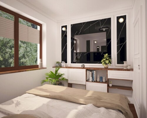 Otwarta przestrzeń do życia – integracja funkcji salonu i jadalni w nowoczesnym wnętrzu. Widok na otwarty salon z beżową kanapą i dywanem, w tle widoczna jadalnia i ściana RTV.