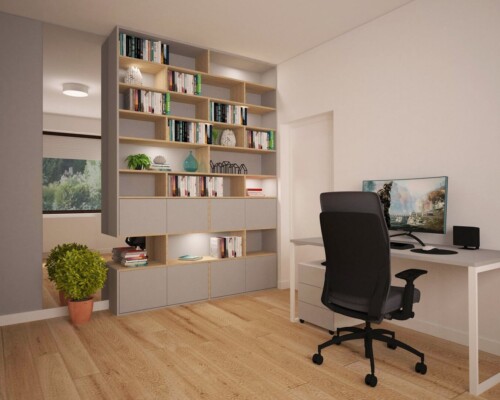 Ściana inspiracji – jak domowa galeria zdjęć i grafik personalizuje przestrzeń do pracy. Ściana w domowym biurze zaaranżowana jako duża galeria z czarno-białymi grafikami nad białą komodą.