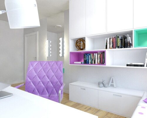 Nowoczesna przestrzeń do nauki i relaksu w młodzieżowym pokoju z akcentami kolorystycznymi Kolorowy pokój młodzieżowy z biurkiem, fioletowym fotelem i regałami na książki